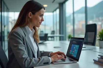 Employée municipale de Grenoble accédant à la plateforme de convergence PIA sur son ordinateur portable dans un bureau moderne