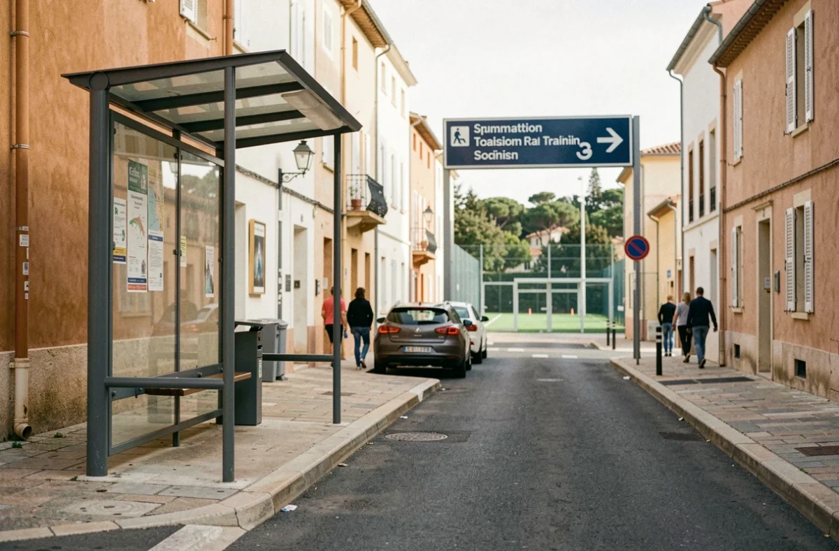 Arrêt de bus et panneau indicateur pour accéder au centre de formation de l'OM depuis les transports en commun à Marseille