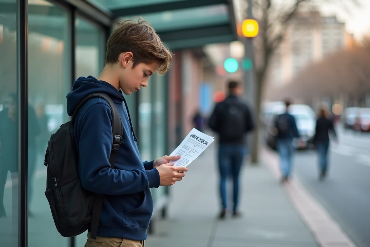 Adolescent en hoodie attendant à un arrêt de bus avec fiche de conjugaison