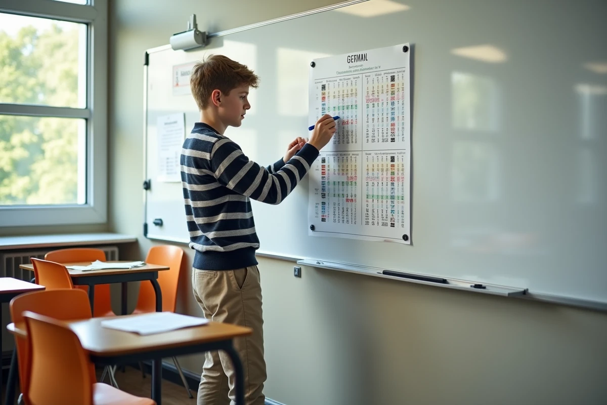 Adolescent annotant un tableau de déclinaisons allemandes en classe