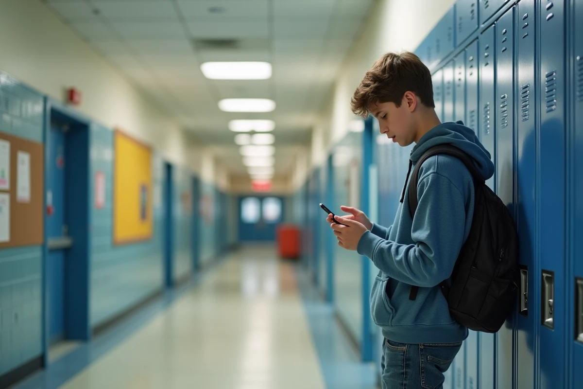 Adolescent dans un couloir scolaire utilisant son smartphone