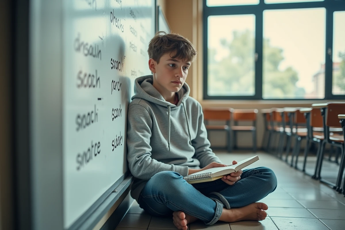 Adolescent révisant des conjugaisons espagnoles devant un tableau blanc en classe