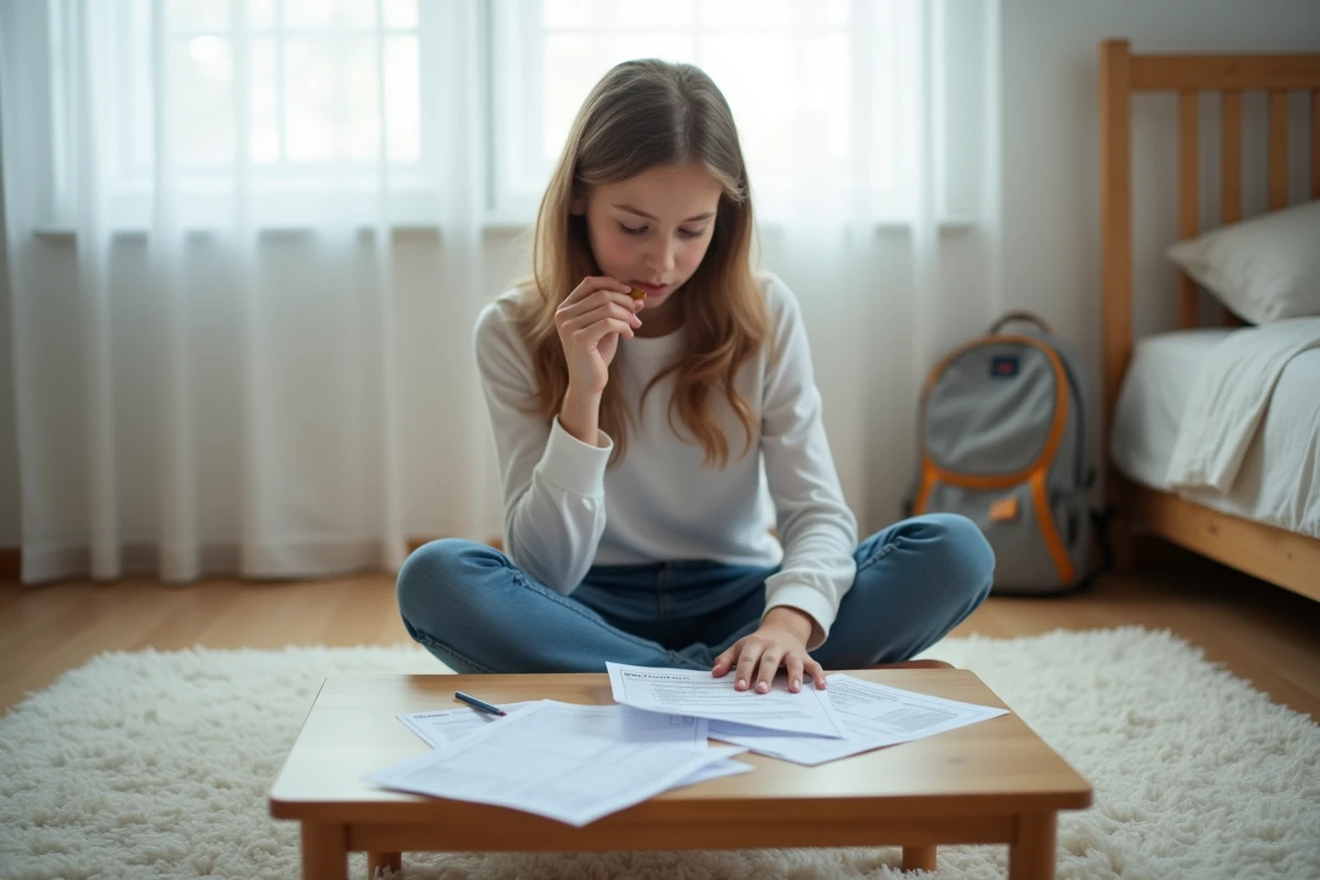 Adolescente travaillant en autonomie sur des exercices de ponctuation imprimés dans sa chambre