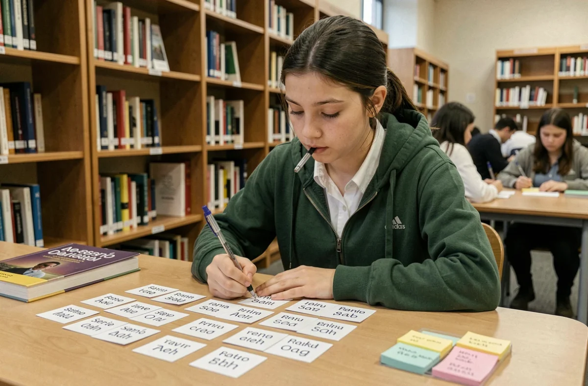 Adolescente révisant l'imparfait espagnol avec des fiches de conjugaison dans une bibliothèque scolaire, entourée de manuels et de post-its