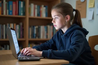 Adolescente utilisant une plateforme scolaire numérique sur ordinateur portable pour consulter ses messages et cahier de texte en ligne