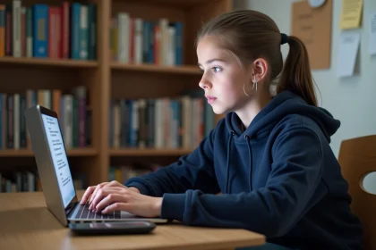 Adolescente utilisant une plateforme scolaire numérique sur ordinateur portable pour consulter ses messages et cahier de texte en ligne