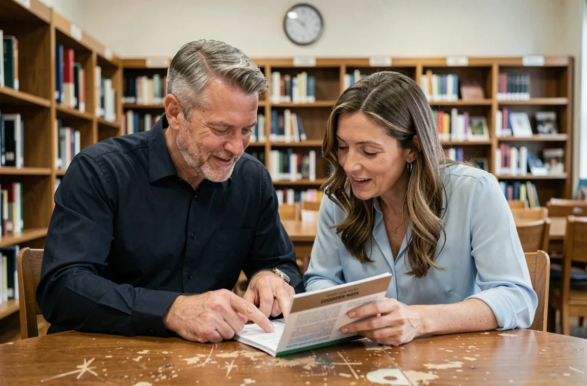 Deux adultes examinant ensemble un test de QI dans une bibliothèque publique