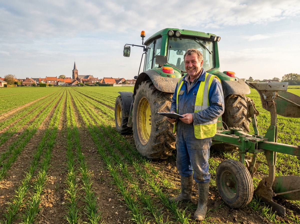 Homme avec veste de travail près de machines agricoles en Flandre