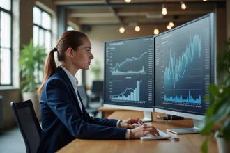 Étudiante en alternance marketing digital analysant des tableaux de bord analytics dans une agence parisienne moderne