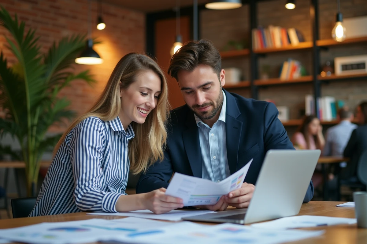 Deux alternants en marketing digital collaborant sur des rapports SEO dans un espace de coworking parisien