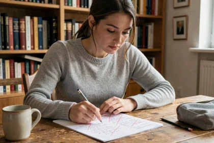 Jeune femme analysant des tests psychotechniques corrigés avec annotations manuscrites sur un bureau en bois