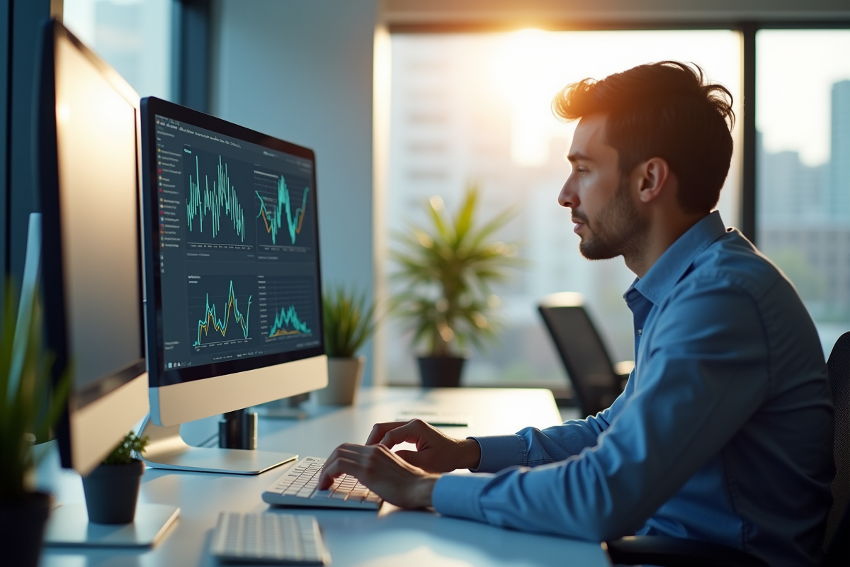 Analyste de données au bureau lumineux avec écrans de graphiques