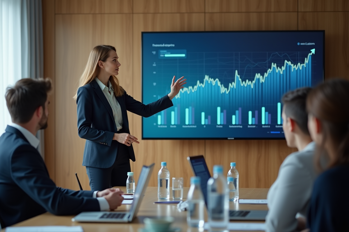 Jeune analyste financière présentant un graphique digital