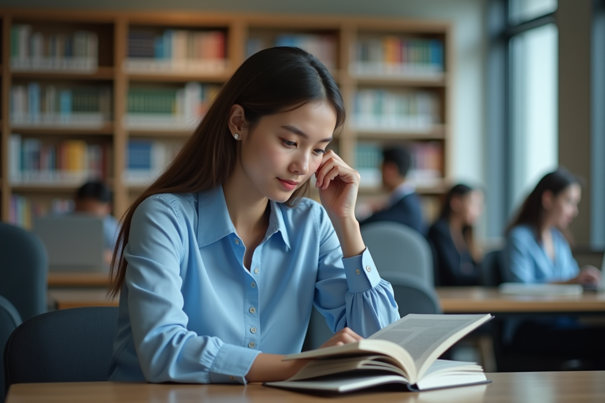 Jeune analyste en bibliothèque universitaire avec livre d