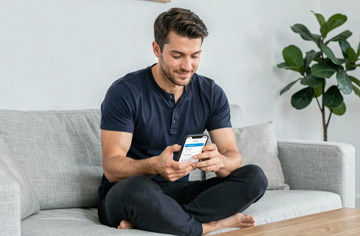 Homme apprenant l'imparfait espagnol sur une application de conjugaison sur smartphone, assis confortablement dans un salon minimaliste