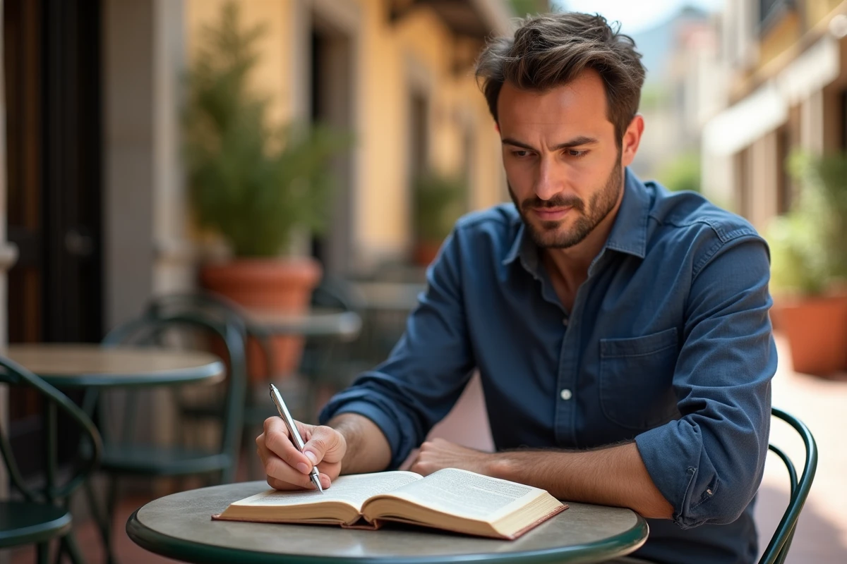 Homme apprenant la conjugaison de l'imparfait espagnol dans un café en terrasse avec un manuel ouvert