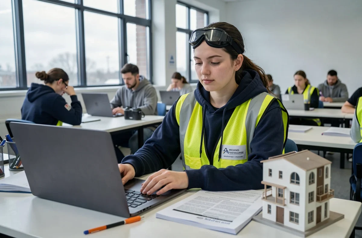 Apprentie en BTP révisant ses cours sur ordinateur dans une salle de formation moderne avec matériaux de construction