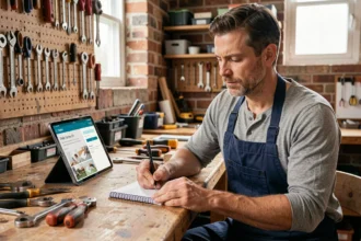 Artisan bricoleur consultant une formation en ligne sur tablette dans un atelier bien équipé