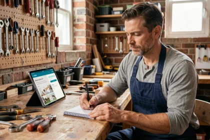 Artisan bricoleur consultant une formation en ligne sur tablette dans un atelier bien équipé