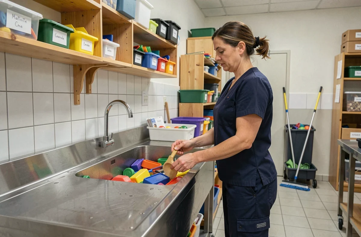 ATSEM en uniforme nettoyant du matériel pédagogique dans une salle de service d'école maternelle