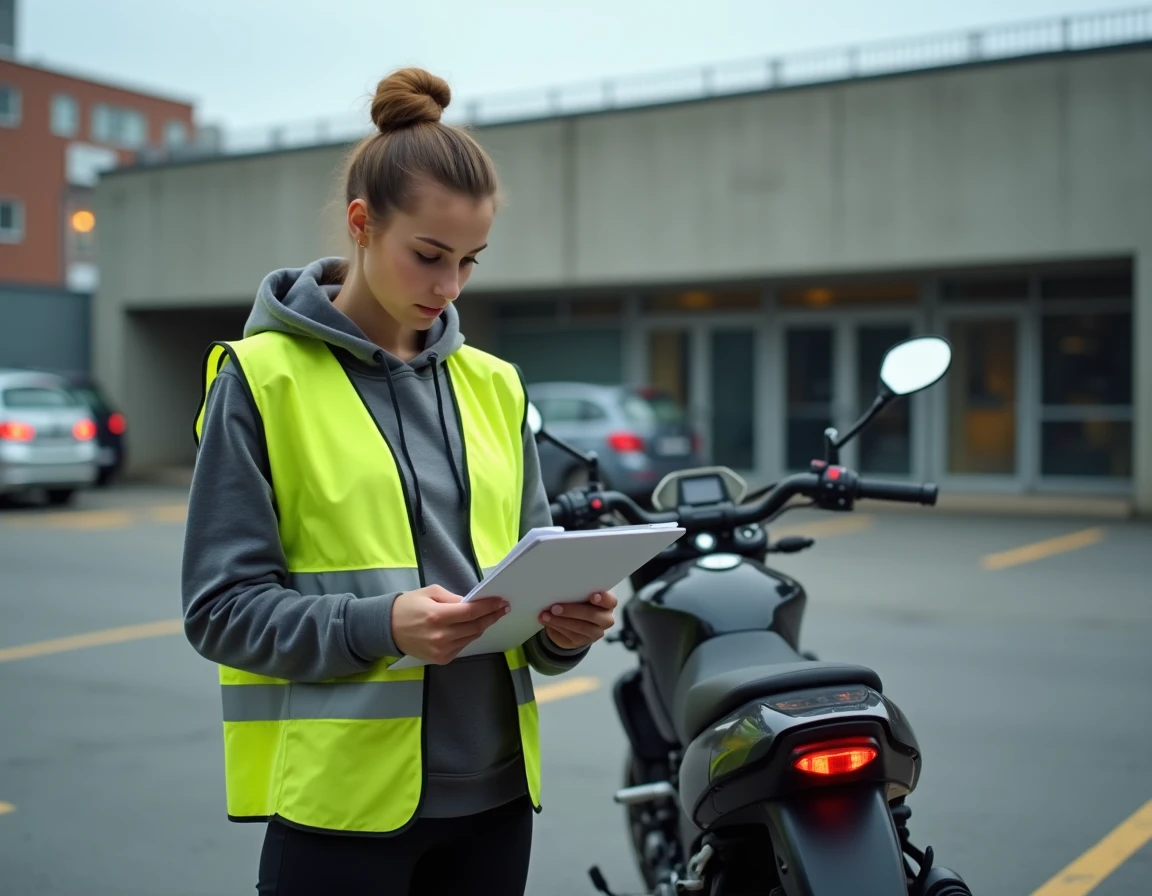 Femme dans une auto-école regardant une liste de tarifs pour le permis moto