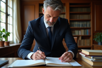 Avocat en costume navy dans un bureau français