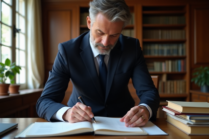 Avocat en costume navy dans un bureau français