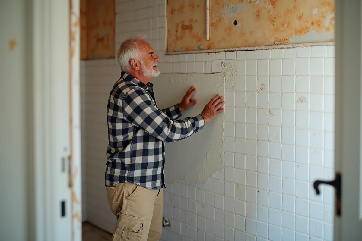 Un homme d'expérience inspectant son travail de carrelage dans une salle de bain en cours de rénovation DIY