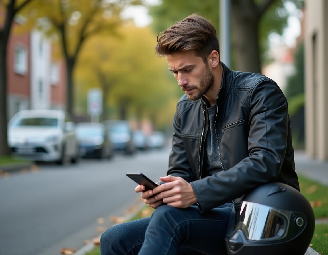 Jeune homme consultant son budget pour le permis moto sur smartphone devant une auto-école
