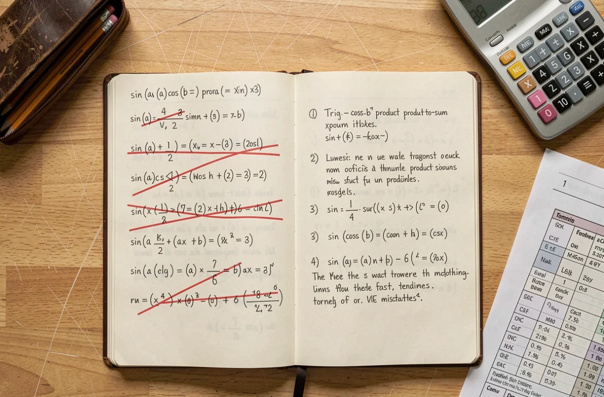 Cahier de mathématiques vue de dessus avec corrections manuscrites des erreurs sur les formules trigonométriques sin(a)cos(b)