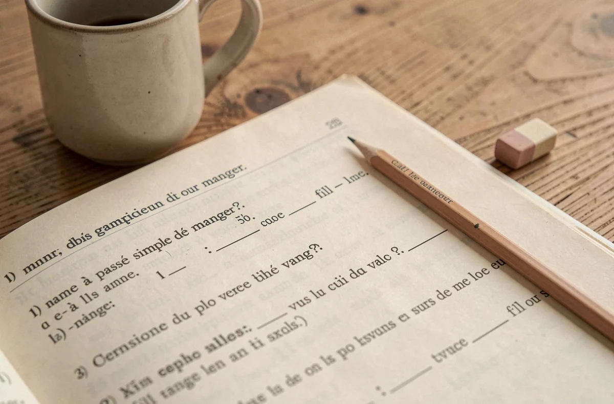 Cahier d'exercices ouvert sur la conjugaison du passé simple du verbe manger avec un crayon sur une table en bois