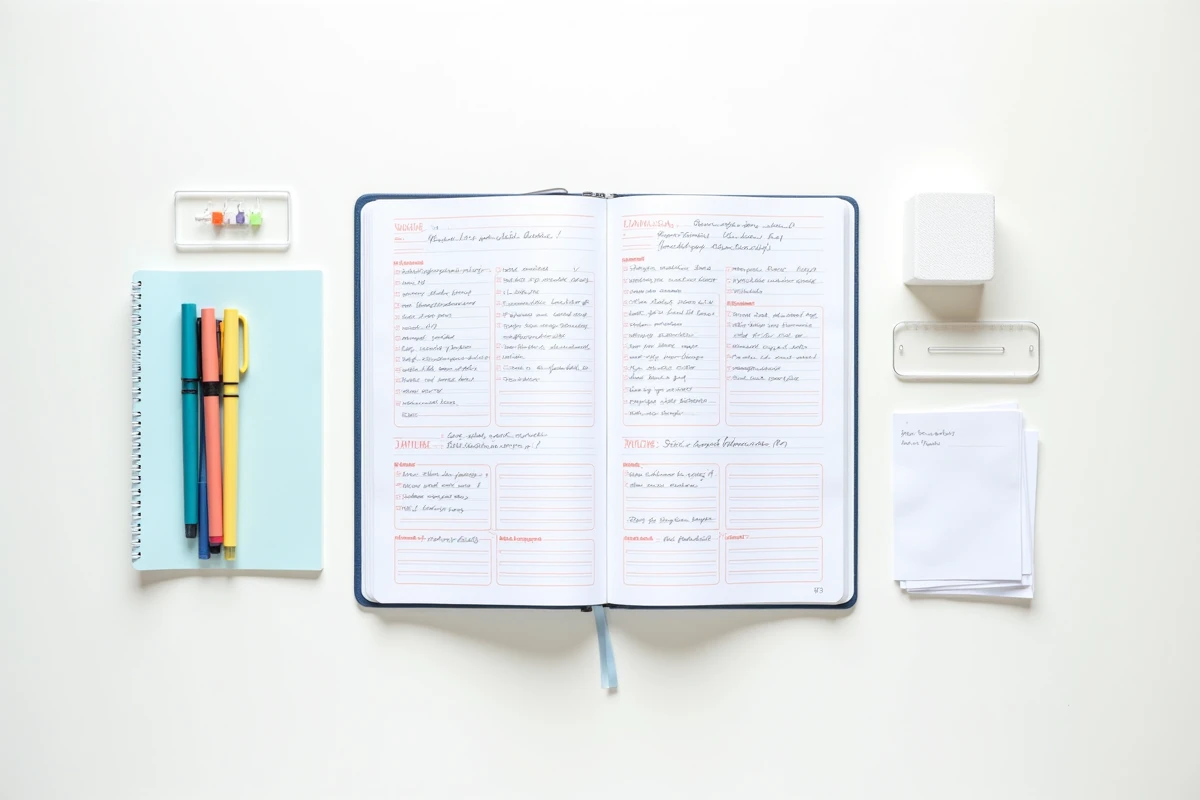 Vue aérienne d'un cahier de classe préparatoire ouvert avec des notes structurées en couleurs, des stylos et des fiches de révision sur un bureau blanc
