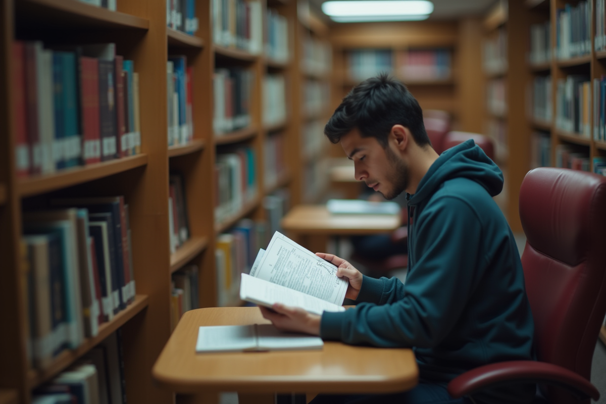 Candidat concentré lisant dans une bibliothèque calme