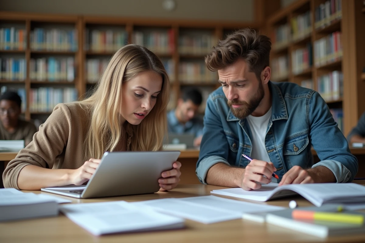Deux candidats révisant ensemble des guides de préparation à l'exercice de recrutement scolinfo en bibliothèque