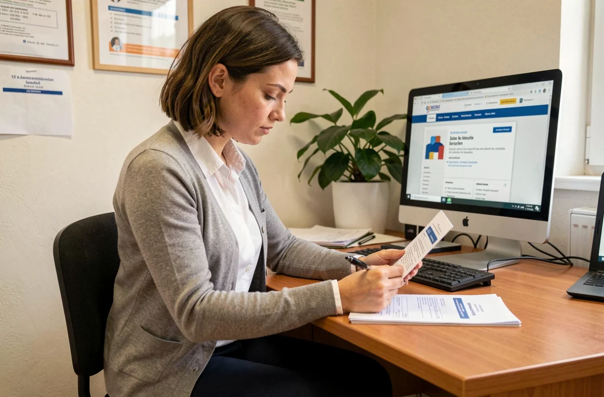 Femme consultant un dossier de candidature pour un poste d'ATSEM dans un bureau de mairie