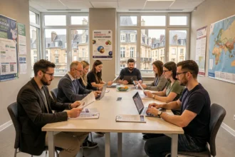 Groupe d'adultes en formation professionnelle dans un centre de formation de Seine-Maritime