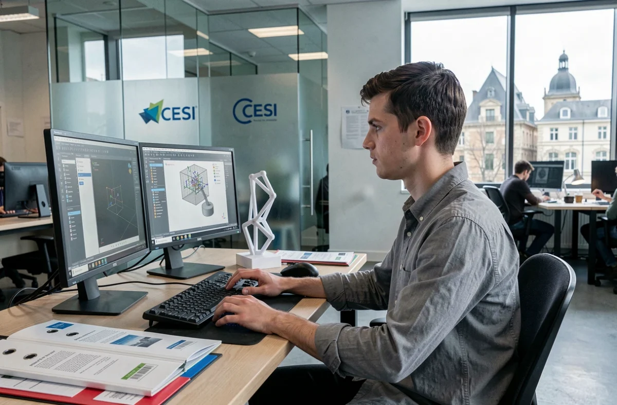 Étudiant en ingénierie travaillant sur logiciel CAO dans le laboratoire du CESI Rouen