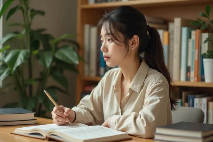Jeune femme hésitant entre apprendre le japonais et le chinois, assise devant des manuels de langues asiatiques ouverts sur un bureau en bois