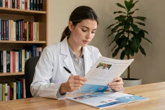 Jeune femme en blouse blanche consultant une brochure sur les études d'ostéopathie en France, assise à un bureau en bois avec des manuels d'anatomie en arrière-plan