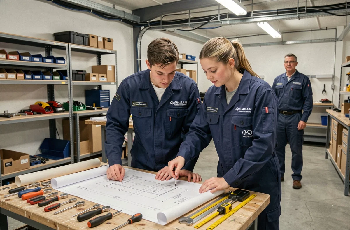 Deux apprentis étudiant un plan technique dans un atelier du CMFA en Seine-Maritime
