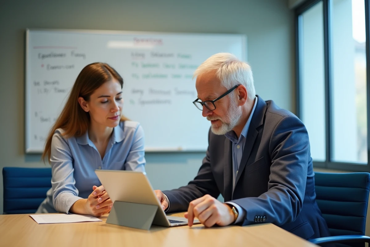Deux collaborateurs de l'académie d'Orléans-Tours consultant ensemble les services disponibles sur la plateforme PIA via une tablette numérique