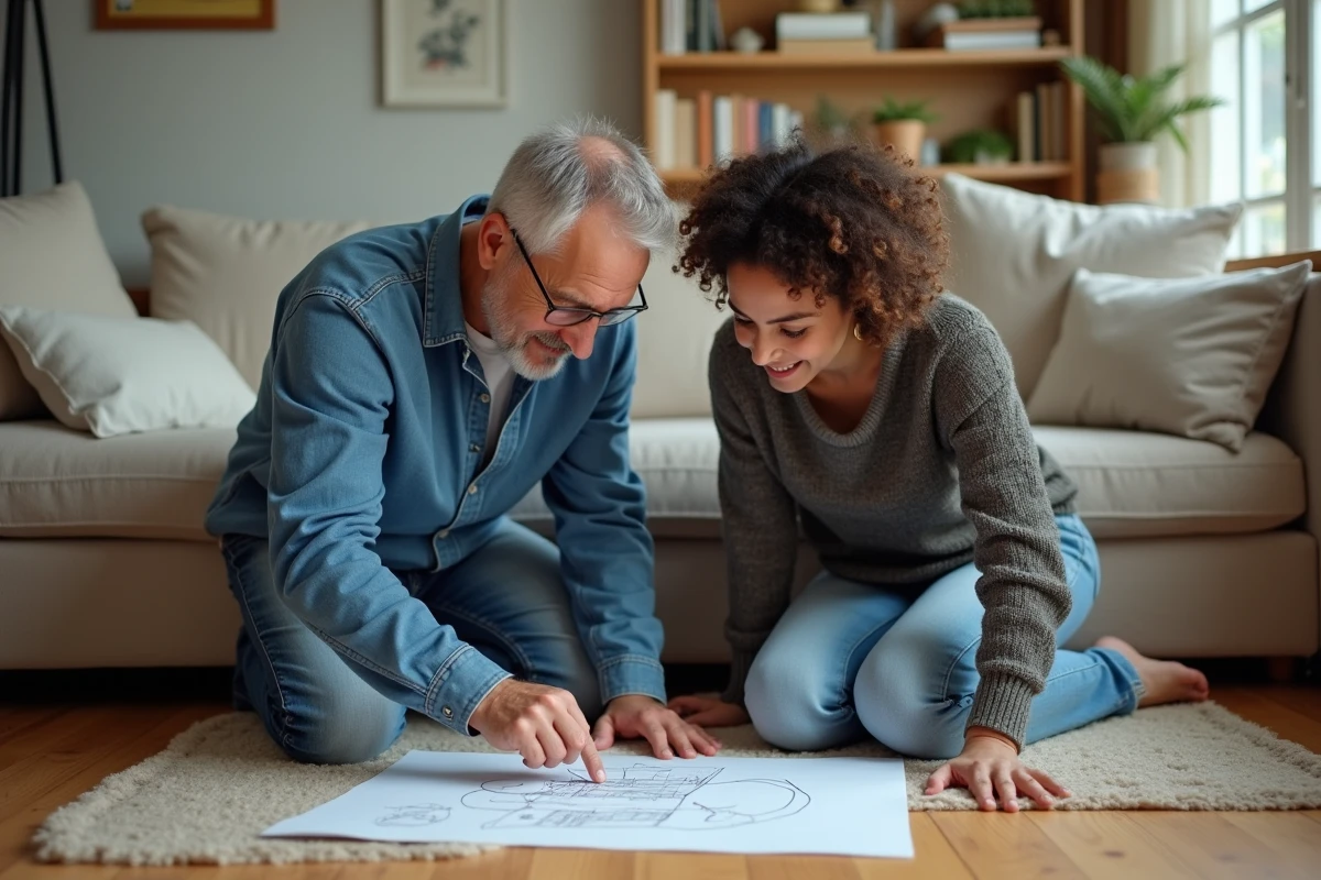 Un homme et une jeune femme collaborant sur un projet dessiné à la maison, symbolisant l'écoute active et la compréhension sensorielle dans les relations interpersonnelles