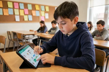 Collégien dyslexique utilisant une tablette sur l'ENT77 en classe pour accéder aux outils d'aide à l'apprentissage
