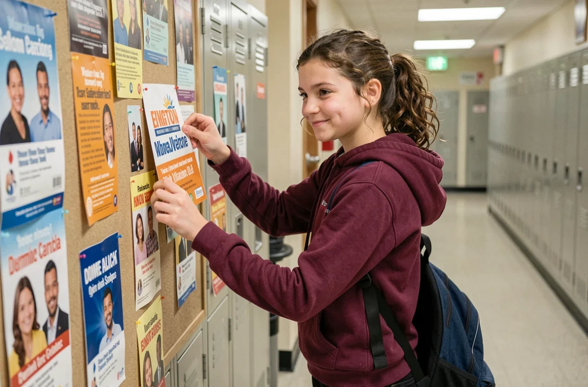 Collégienne affichant son affiche de campagne pour devenir déléguée dans un couloir d'école avec un sourire espiègle