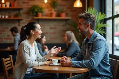 Deux personnes en conversation naturelle et attentive dans un café urbain, illustrant une communication authentique et les styles sensoriels VAKORG au quotidien