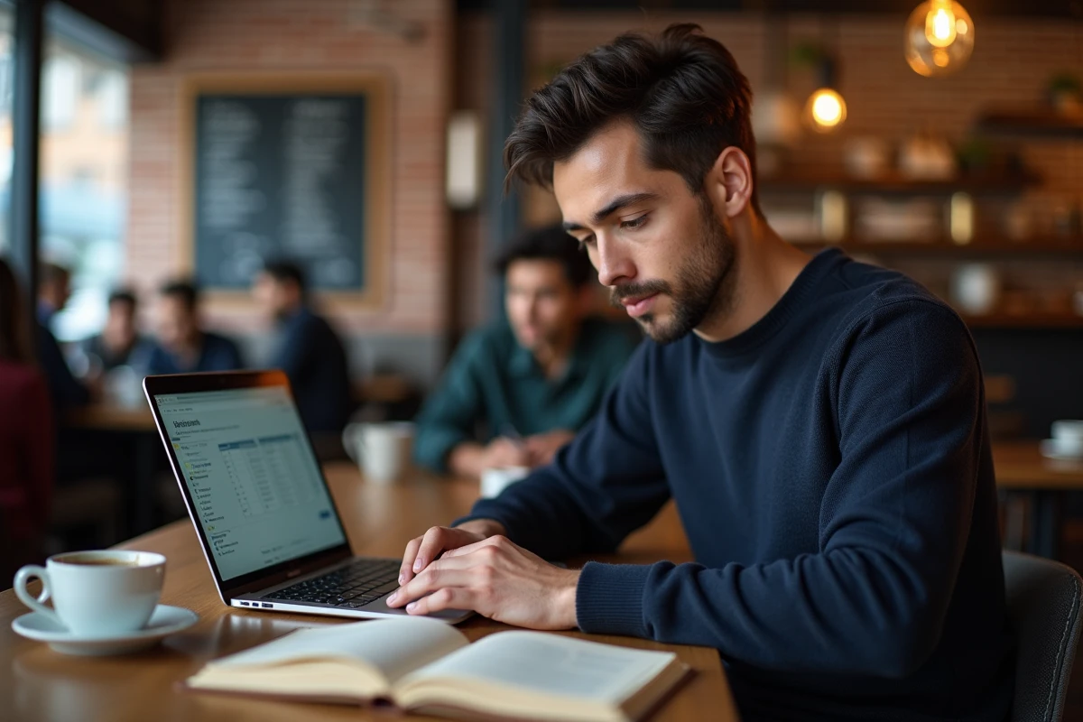Homme en café comparant le japonais et le chinois mandarin sur ordinateur portable avec un manuel de langues asiatiques posé à côté
