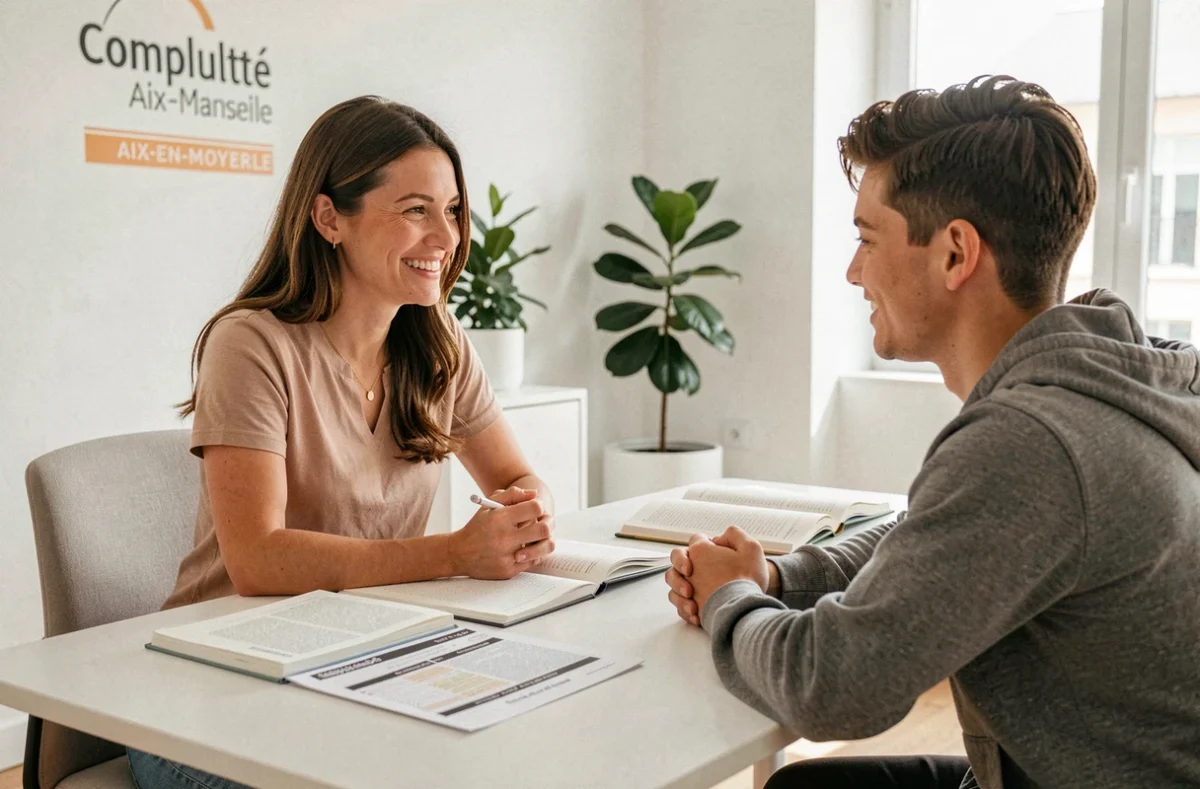 Tutrice de Complétude Aix-Marseille avec un étudiant dans un centre de tutorat moderne et lumineux à Aix-en-Provence