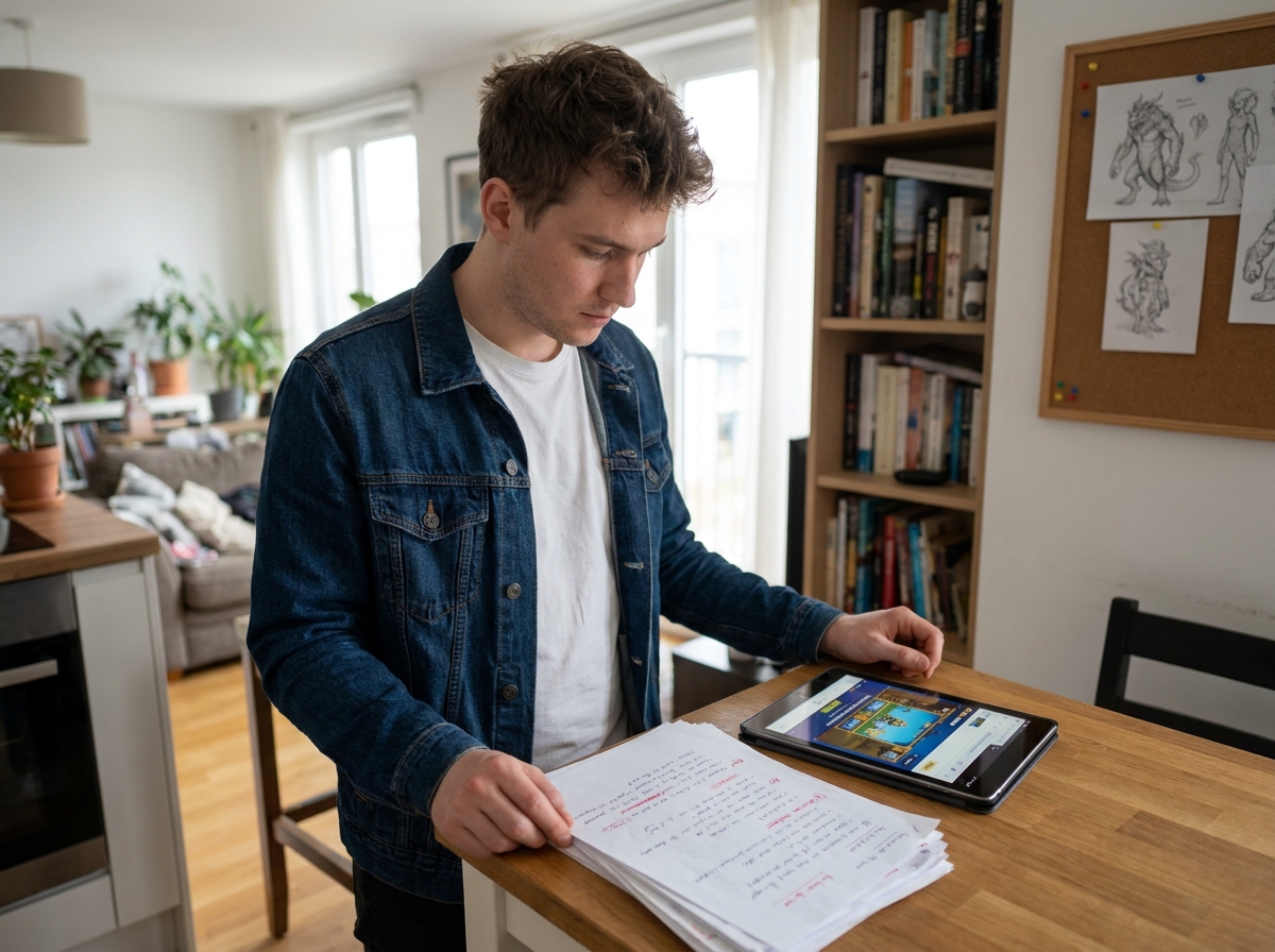 Jeune concepteur de jeux vidéo autodidacte révisant un document de game design annoté dans son appartement avec un prototype ouvert sur tablette