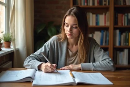 Jeune femme étudiant la conjugaison du verbe connaître au passé simple dans un cahier de grammaire française posé sur un bureau en bois