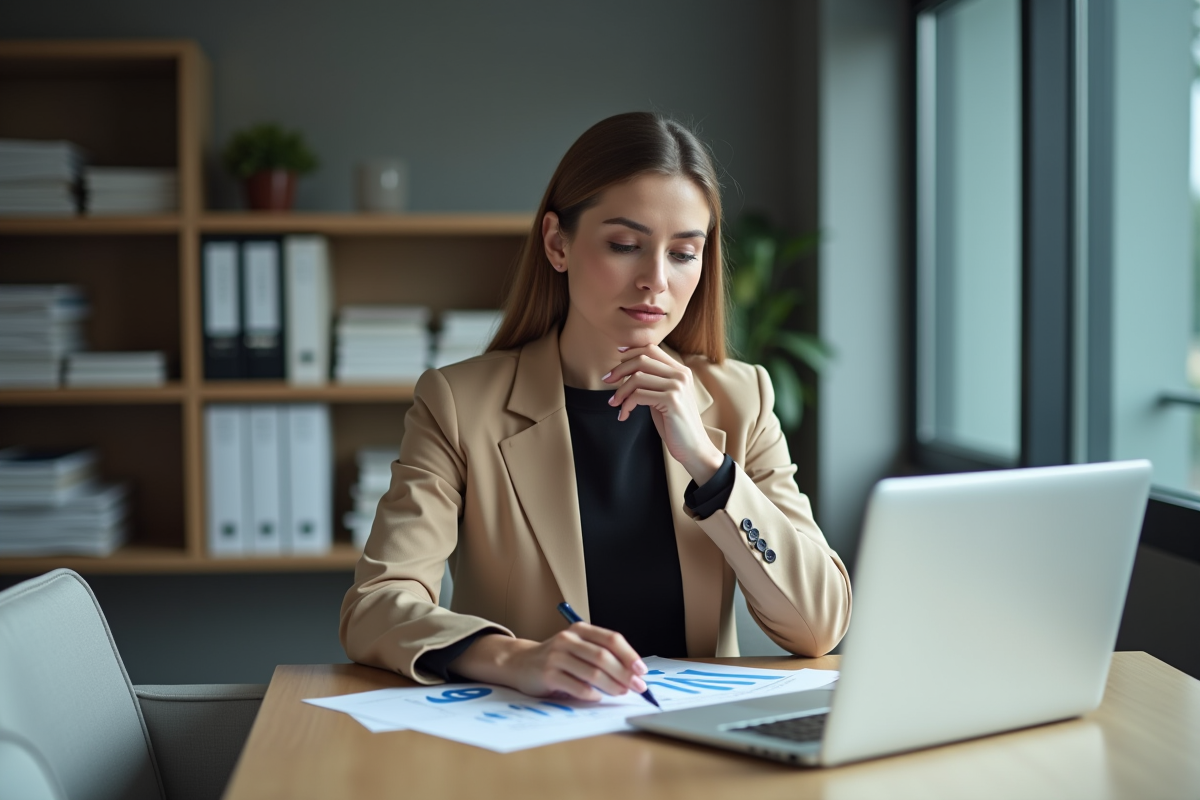 Jeune controleuse financière analysant des graphiques